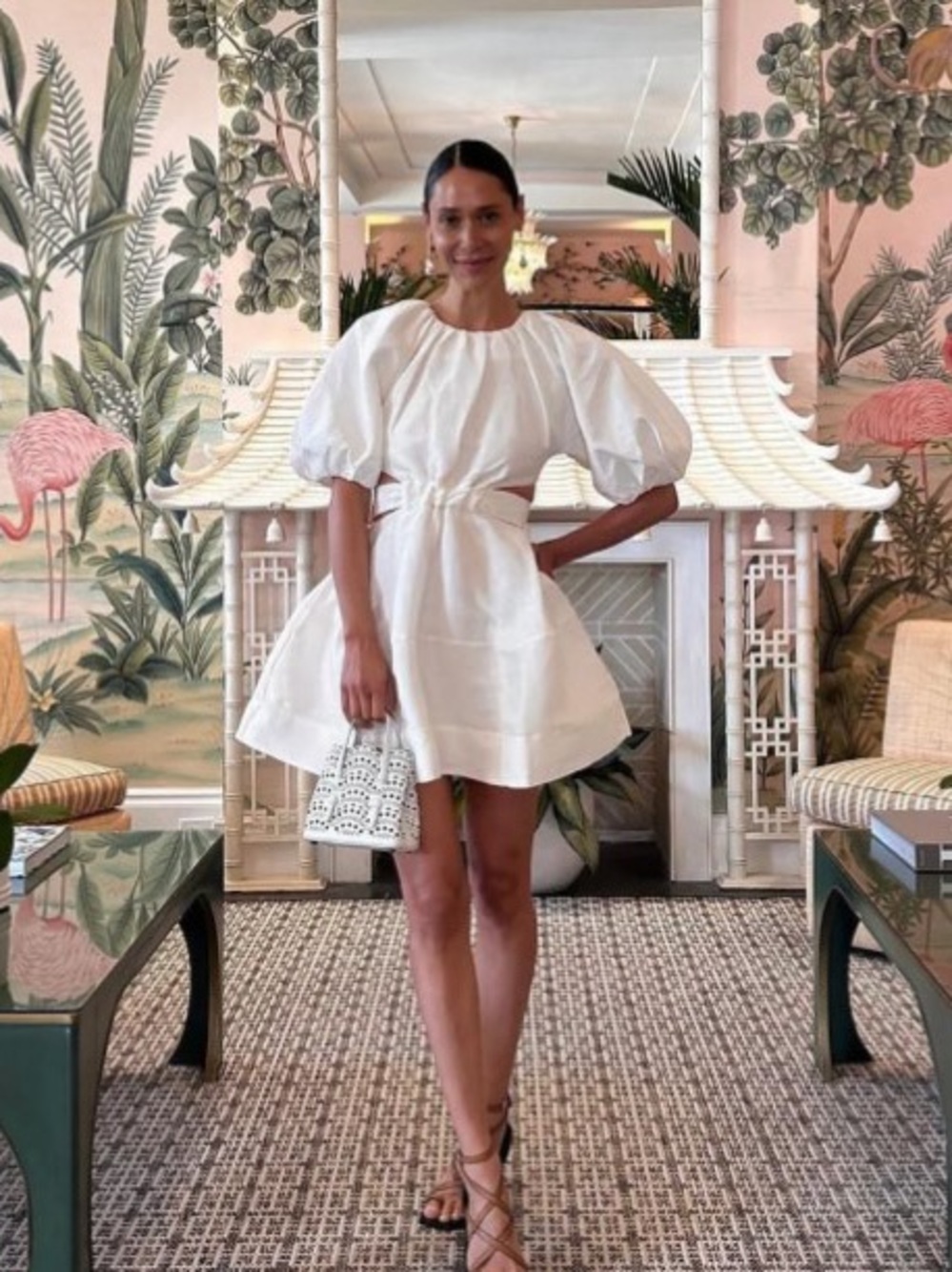 Aje Mimosa White Ivory Mini Puff Sleeve Dress with a Cut out